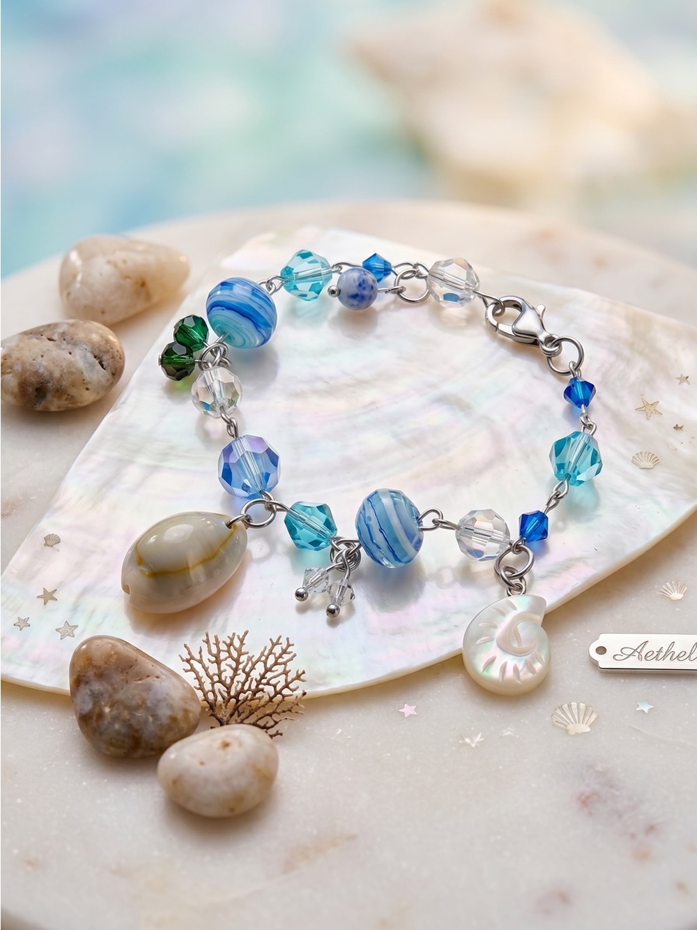 Blue Beaded Charm Bracelet Shell Crystal Nautilus NWOT Coastal Beach